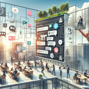 Illustration of Split screen with personal and work chats in a Rooftop terrace setting, with a happy mood.