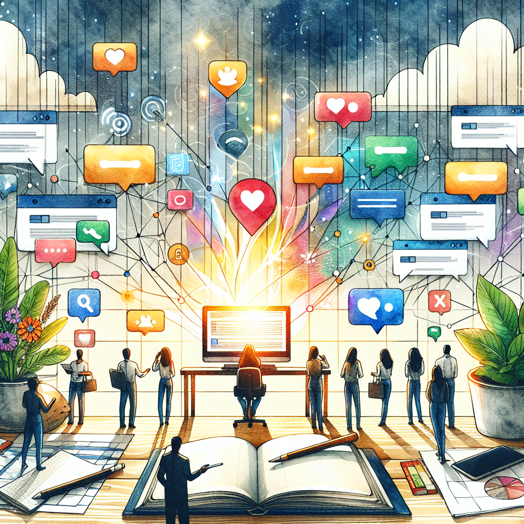 Illustration of Abstract background showing interconnected chat platforms in a Desk with planner and plants setting, with a inspired mood.