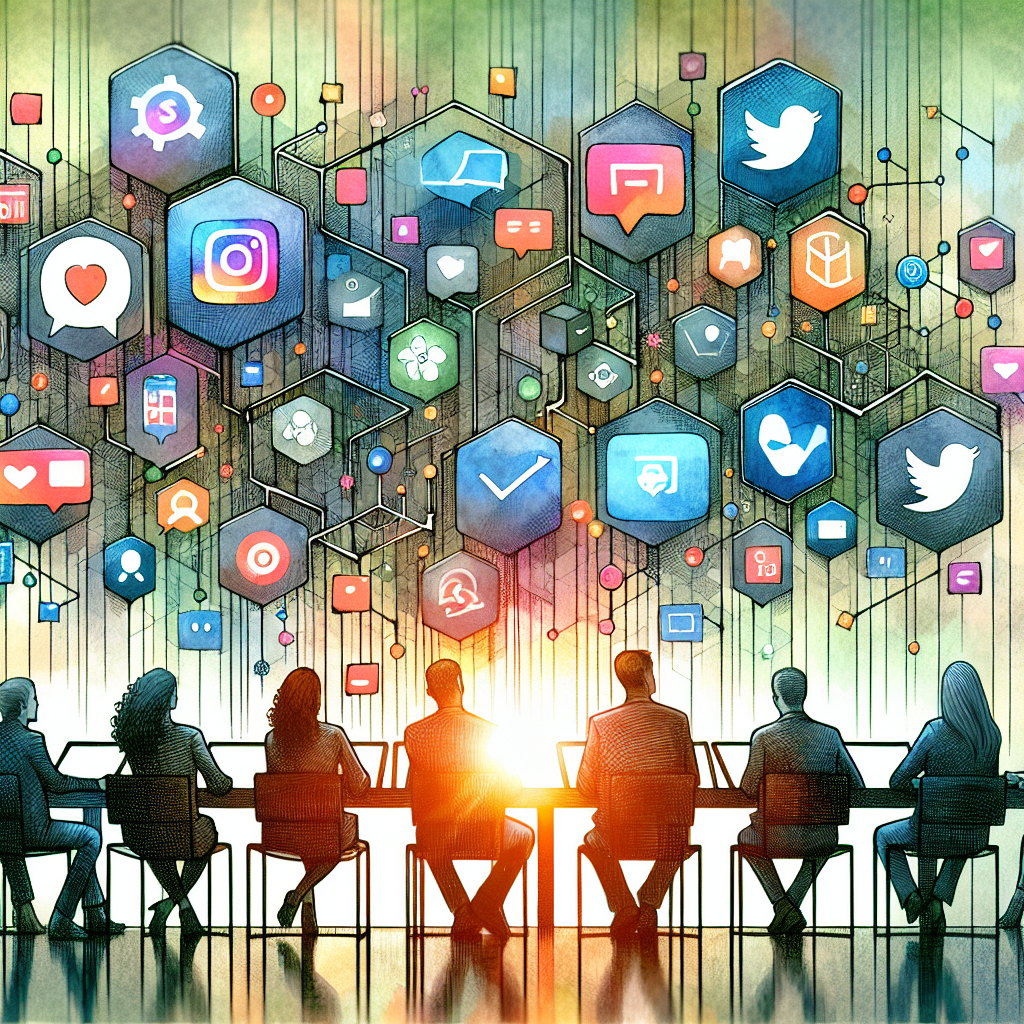 Illustration of Abstract background showing interconnected chat platforms in a mic setting, with a focused mood.