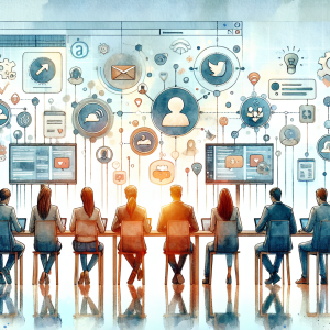 Illustration of Team managing social media messages from dashboard in a Online webinar/event backdrop setting, with a focused mood.