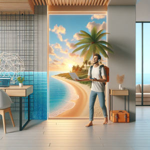 Illustration of Digital nomad on beach using chat tool in a Modern apartment interior setting, with a happy mood.