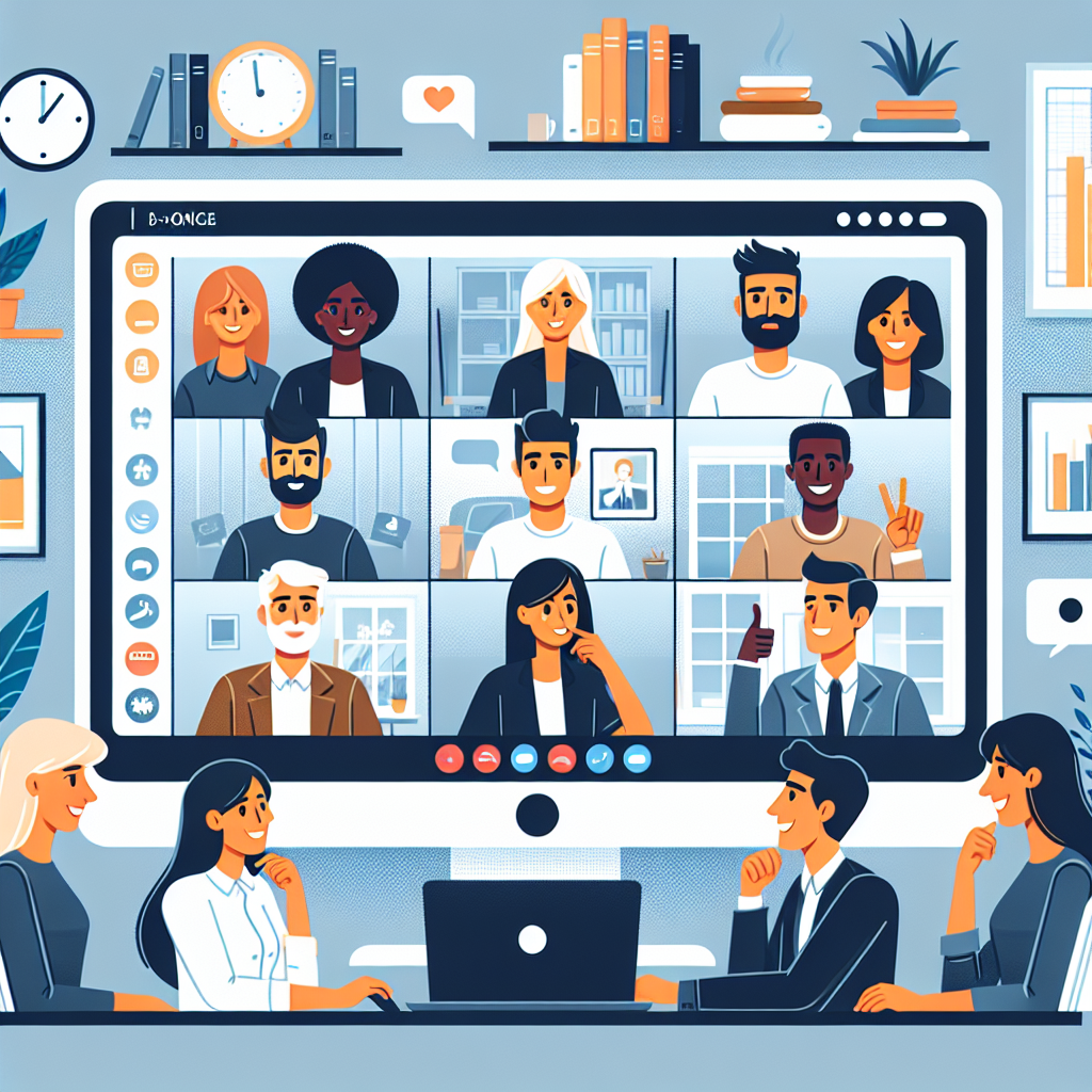Illustration of Team on video call in a Home office setting, with a focused mood.