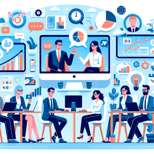 Illustration of Team on video call in a Home office setting, with a focused mood.