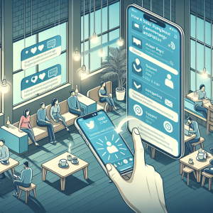 Illustration of hand holding phone with notifications in a coffee shop setting setting, with a determined mood.