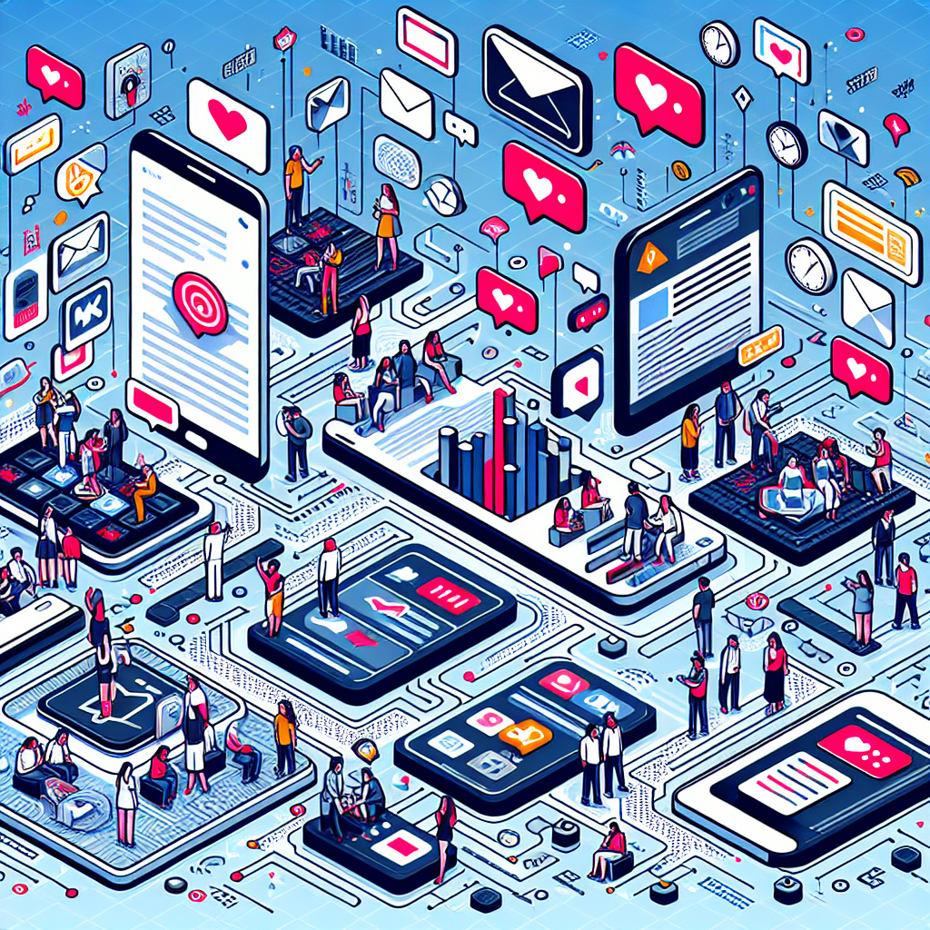 Illustration of person managing messages from devices in a abstract tech patterns setting, with a creative mood.