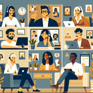 Illustration of Team on video call in a Home office setting, with a focused mood.