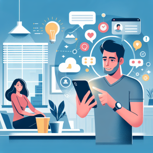 Illustration of Person switching between messaging accounts in a Modern apartment interior setting, with a inspired mood.