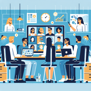 Illustration of Team on video call in a Home office setting, with a focused mood.