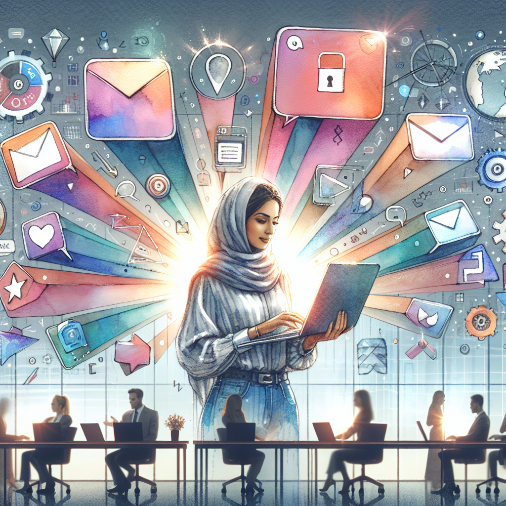 Illustration of Person switching between messaging accounts in a High-tech smart office setting, with a creative mood.