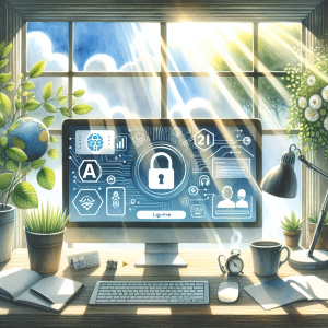 Illustration of Login screen with 2FA and secure access visuals in a Window with sunlight and plants setting, with a determined mood.