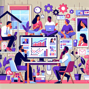 Illustration of Team on video call in a Home office setting, with a focused mood.