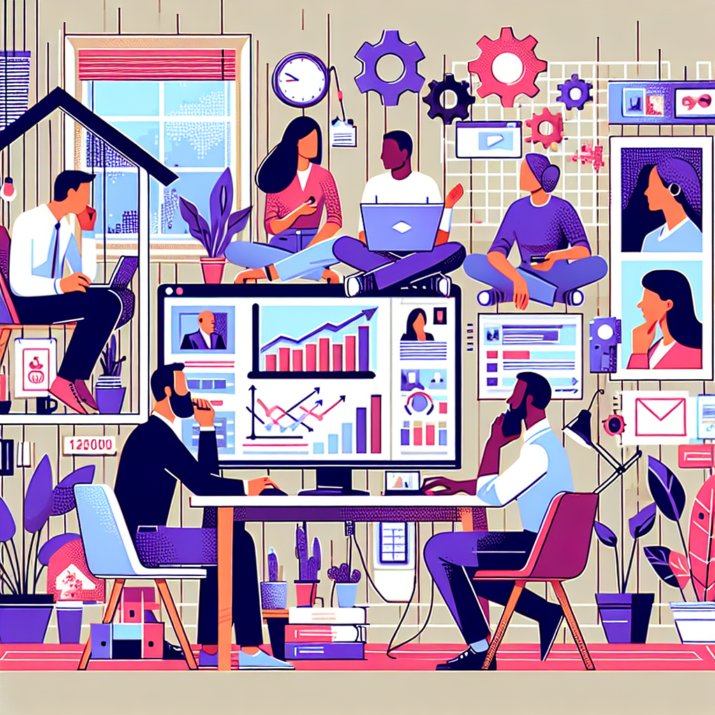 Illustration of Team on video call in a Home office setting, with a focused mood.