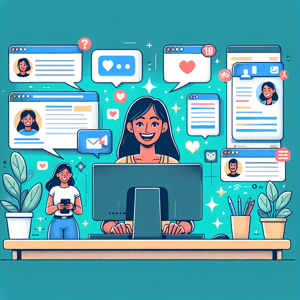 Illustration of Person switching between messaging accounts in a Desktop with multiple monitors setting, with a happy mood.