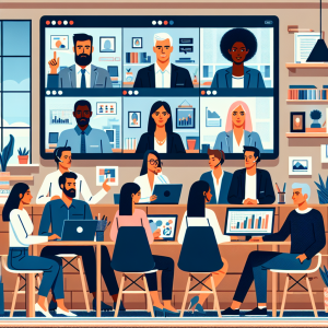 Illustration of Team on video call in a Home office setting, with a focused mood.