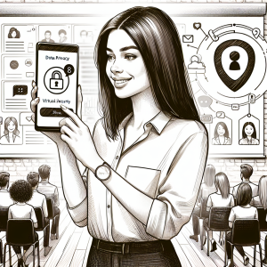 Illustration of Person holding smartphone showing virtual phone number in a Online webinar/event backdrop setting, with a happy mood.
