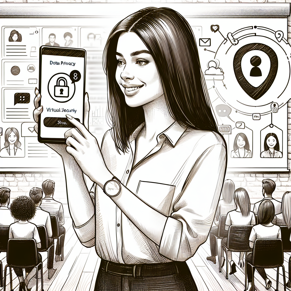 Illustration of Person holding smartphone showing virtual phone number in a Online webinar/event backdrop setting, with a happy mood.