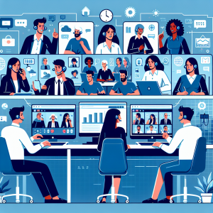 Illustration of Team on video call in a Home office setting, with a focused mood.