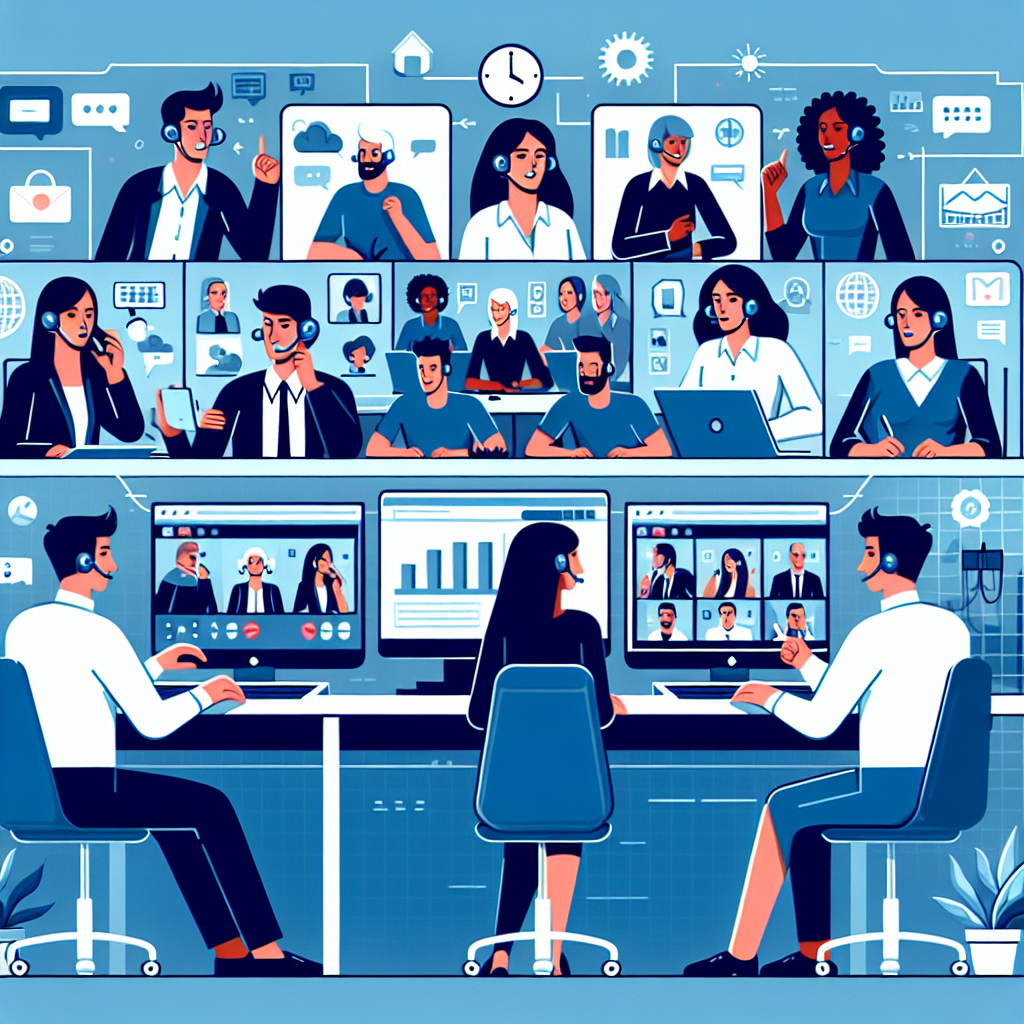 Illustration of Team on video call in a Home office setting, with a focused mood.