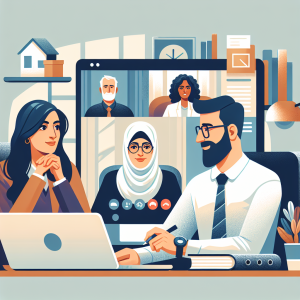 Illustration of Team on video call in a Home office setting, with a focused mood.