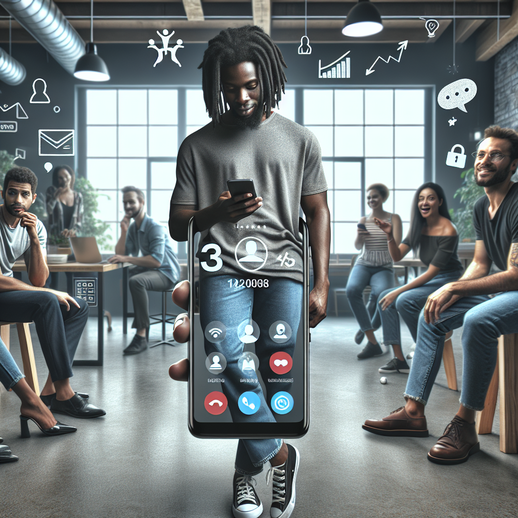 Illustration of Person holding smartphone showing virtual phone number in a Co-working space setting, with a relaxed mood.