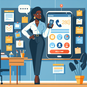 Illustration of Person holding smartphone showing virtual phone number in a Wall with inspiration board / post-its setting, with a relaxed mood.