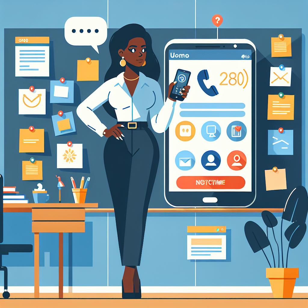 Illustration of Person holding smartphone showing virtual phone number in a Wall with inspiration board / post-its setting, with a relaxed mood.