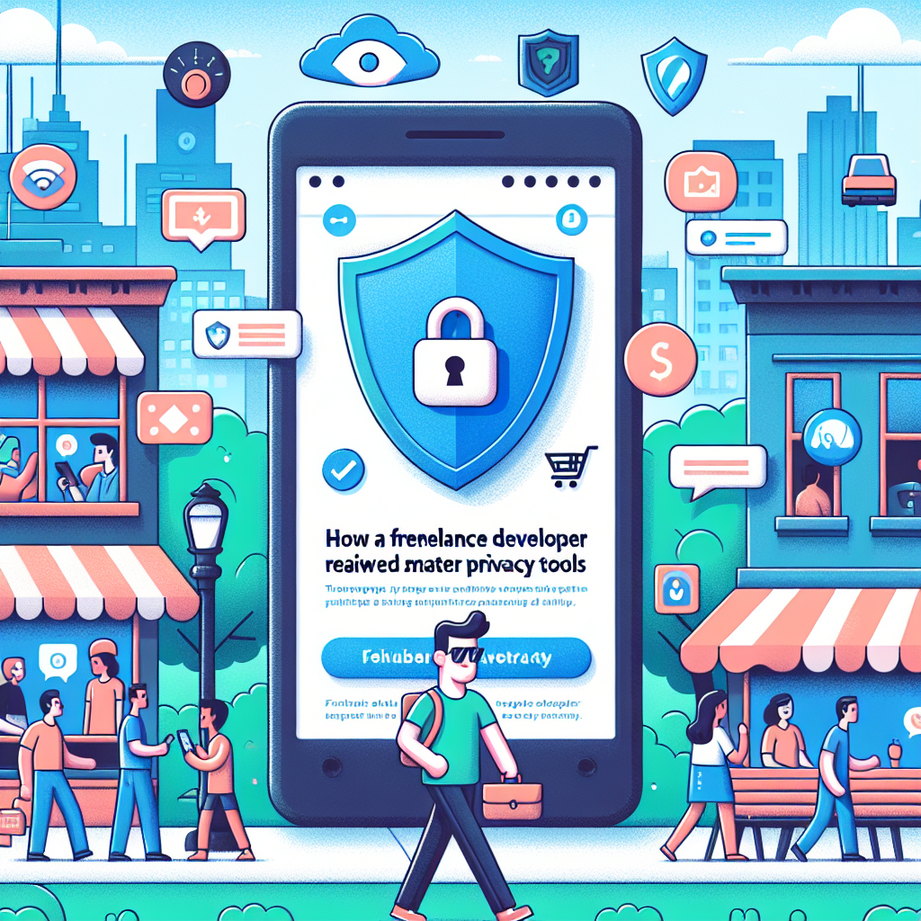 Illustration of Privacy shield icon over smartphone in a Urban street view setting, with a inspired mood.