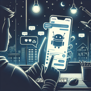 Illustration of Chatbot icon assisting user on phone screen in a Night workspace with ambient lighting setting, with a focused mood.