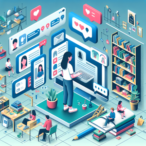 Illustration of Person switching between messaging accounts in a Bookshelves and creative decor setting, with a inspired mood.