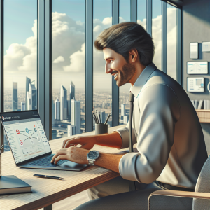 Illustration of Freelancer using laptop with messaging dashboard in a Cityscape through window setting, with a happy mood.