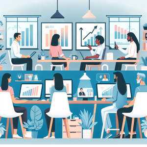 Illustration of Team on video call in a Home office setting, with a focused mood.