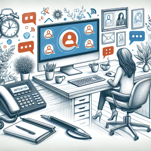 Illustration of virtual phone number concept on screen in a home office desk setting, with a focused mood.