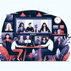Illustration of Team on video call in a Home office setting, with a focused mood.