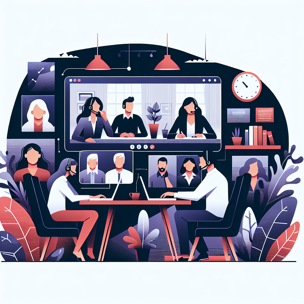 Illustration of Team on video call in a Home office setting, with a focused mood.