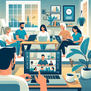 Illustration of Team on video call in a Home office setting, with a focused mood.