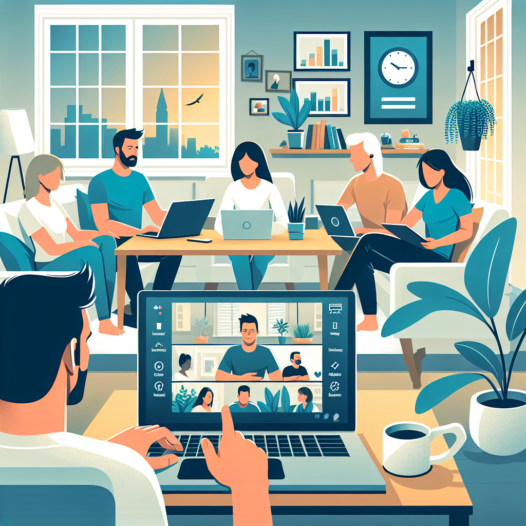 Illustration of Team on video call in a Home office setting, with a focused mood.