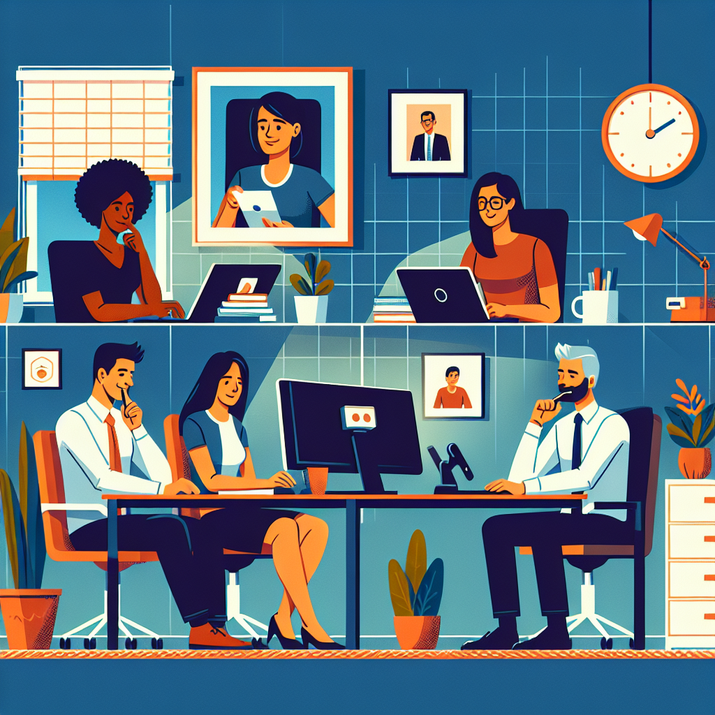 Illustration of Team on video call in a Home office setting, with a focused mood.