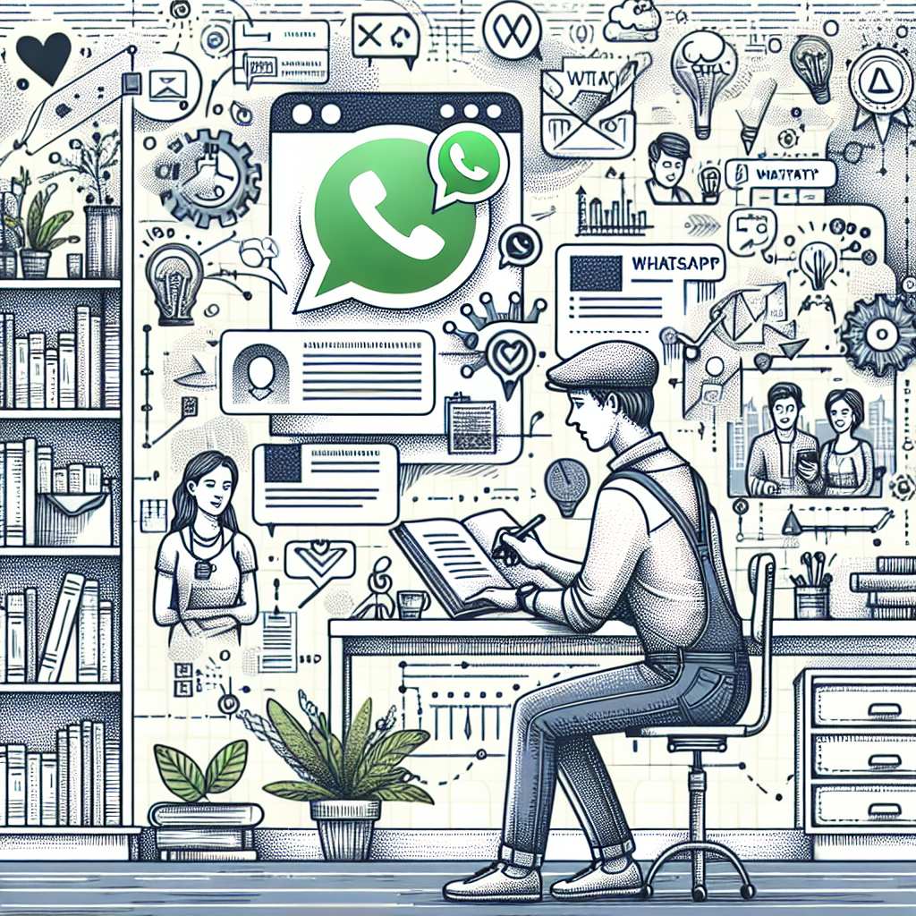 Illustration of User creating WhatsApp ticket in business tool in a Bookshelves and creative decor setting, with a creative mood.