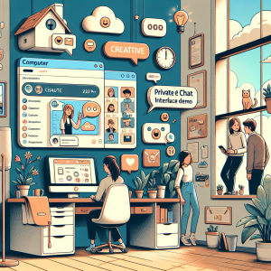 Illustration of private conversation interface demo in a home office desk setting, with a creative mood.