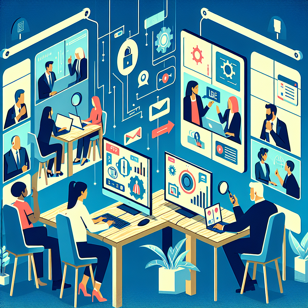 Illustration of Team on video call in a Home office setting, with a focused mood.