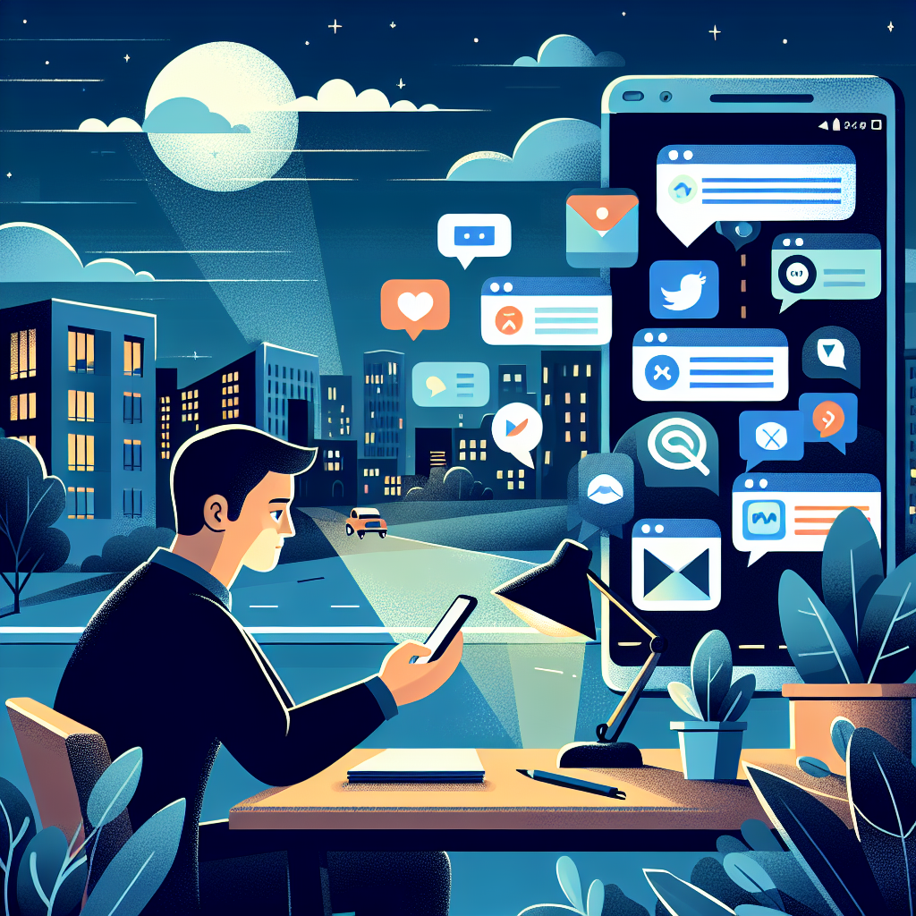 Illustration of smartphone with messaging apps open in a city skyline at night setting, with a relaxed mood.