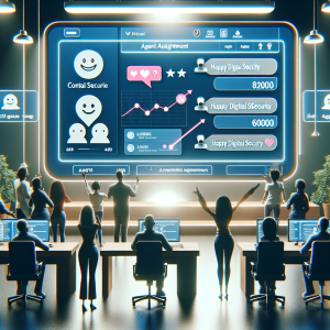 Illustration of Dashboard with chat queue and agent assignment in a Content creation studio (lights setting, with a happy mood.