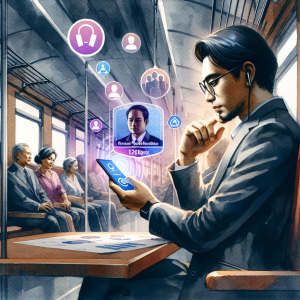 Illustration of Person holding smartphone showing virtual phone number in a train table) setting, with a focused mood.