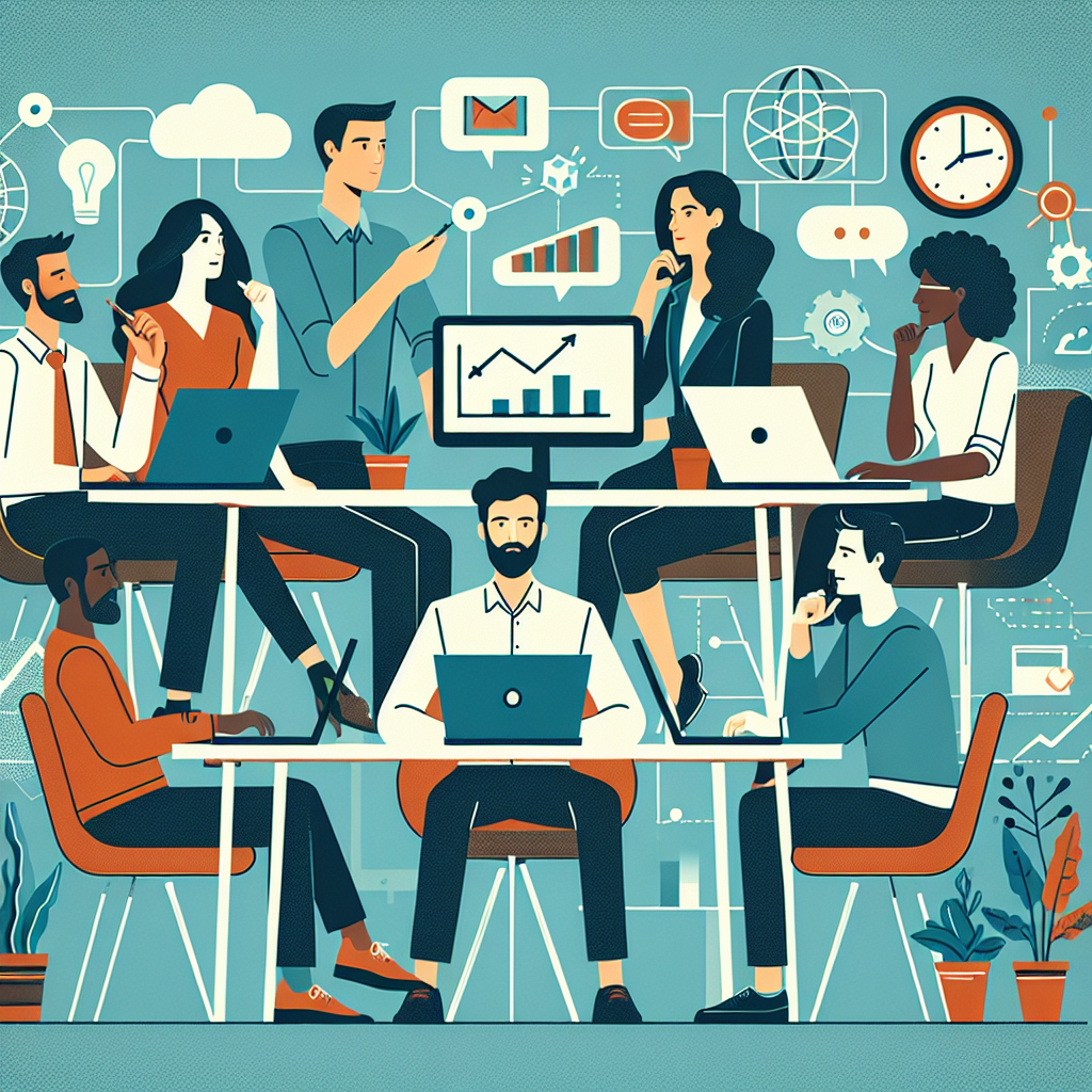 Illustration of Team on video call in a Home office setting, with a focused mood.