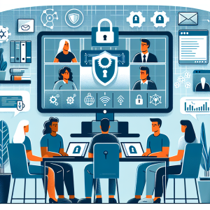 Illustration of Team on video call in a Home office setting, with a focused mood.