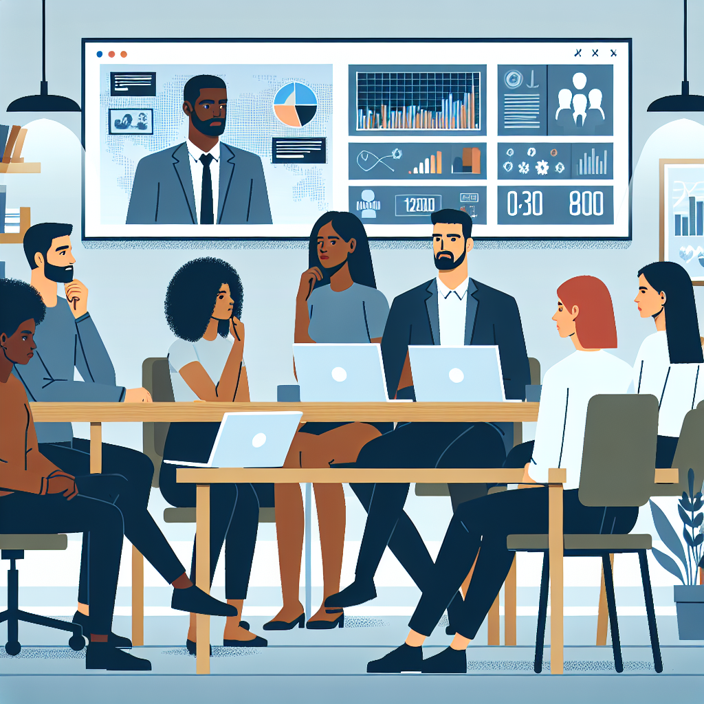 Illustration of Team on video call in a Home office setting, with a focused mood.