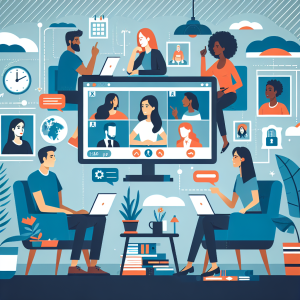Illustration of Team on video call in a Home office setting, with a focused mood.