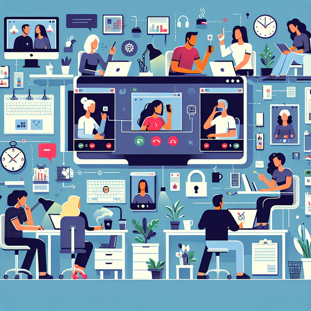 Illustration of Team on video call in a Home office setting, with a focused mood.
