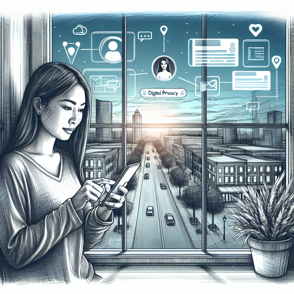 Illustration of Person holding smartphone showing virtual phone number in a Cityscape through window setting, with a relaxed mood.