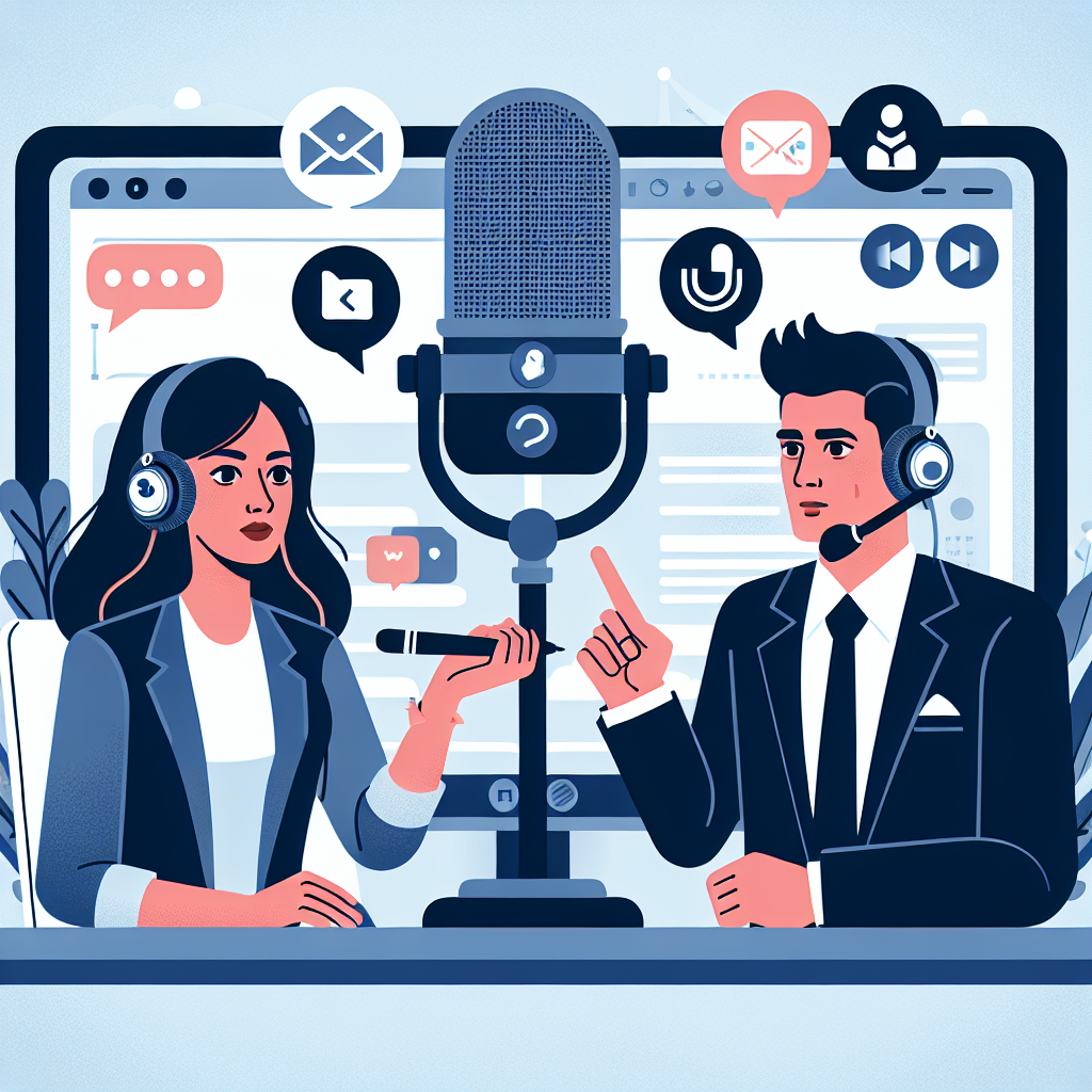 Illustration of Virtual assistant in video call with client in a mic setting, with a determined mood.